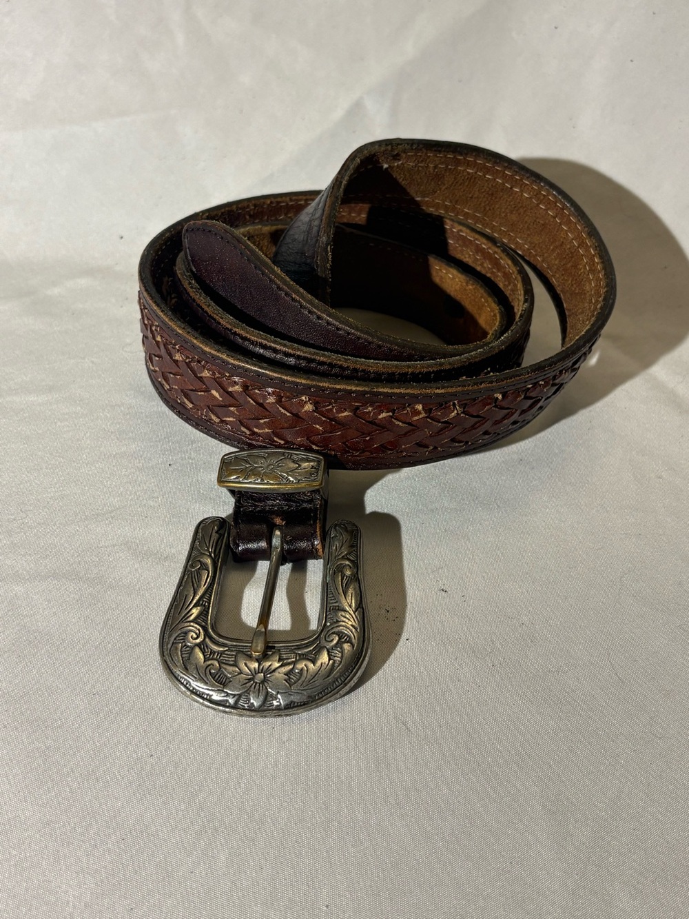 Vintage Woven Leather Western Belt Brown Floral Engraved Buckle Made in Haiti